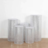 Set of 5 Silver Sequin Mesh Cylinder Pedestal Stand Covers with Geometric Pattern Embroidery, Sparkly Sheer Tulle Pillar Prop Covers