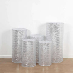 Set of 5 Silver Sequin Mesh Cylinder Pedestal Stand Covers with Geometric Pattern Embroidery, Sparkly Sheer Tulle Pillar Prop Covers