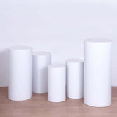 Set of 5 White Metal Cylinder Pillar Prop Stands For Wedding Aisle, Round Plinth Pedestal Display Boxes - 20",22",24",26",30"