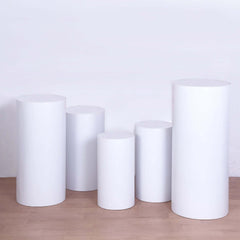 Set of 5 White Metal Cylinder Pillar Prop Stands For Wedding Aisle, Round Plinth Pedestal Display Boxes - 20",22",24",26",30"