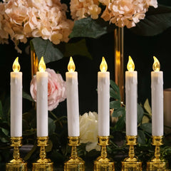 Set of 6 LED Window Candles Flickering White - Battery Operated Taper Candles with Gold Holders 10"