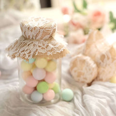 Set of 6 Mason Jar Lid Covers Rustic Burlap/White Lace Fabric Design with Jute String - Scalloped Edge Natural Linen Favor Covers 6"