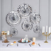 Set of 6 Metallic Silver Hanging Paper Fan Decorations, Pinwheel Wall Backdrop Party Kit - 8", 12", 16"