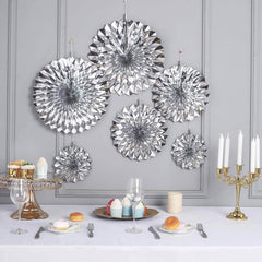 Set of 6 Metallic Silver Hanging Paper Fan Decorations, Pinwheel Wall Backdrop Party Kit - 8", 12", 16"