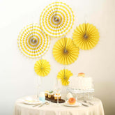 Set of 6 Yellow Hanging Paper Fan Decorations, Pinwheel Wall Backdrop Party Kit - 8", 12", 16"