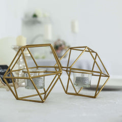 Set of Metal Candle Holders Linked Geometric Design Gold - Modern Table Decor with Votive Glass for Gatherings 11"