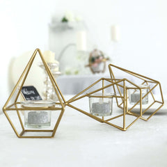 Set of Metal Candle Holders Linked Geometric Design Gold - Modern Votive Glass Decor for Tables & Gatherings 16"