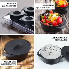 6 Pack 3oz Black Mini Plastic Cooking Pot Bowls, Disposable Mini Dessert & Appetizer Dishes with Lid and Handles