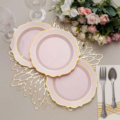 10-Pack Plastic 8" Round Desert Plates in Blush with Gold Scalloped Rim - Disposable Appetizer/Salad Plates