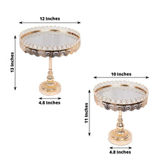 Set of 2 Pedestal Cake Stands Round Design with Mirror Top Gold - Crystal Beaded Cupcake Dessert Display Metal 11", 13"