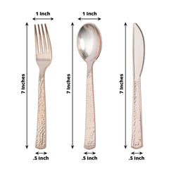 24-Pack Plastic Silverware Set with Hammered Design Rose Gold - Heavy Duty Disposable Utensils 7"