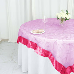 72"x72" Fuchsia Embroidered Sheer Organza Square Table Overlay With Satin Edge