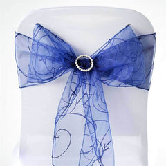 5 Pack Organza Chair Sashes with Satin Leaf Embroidery Navy Blue - Reusable Sheer Design 7"x108"