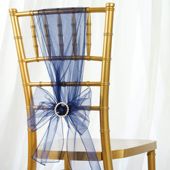 5 Pack Organza Chair Sashes Navy Blue - Reusable Sheer Chair Bows 6"x108"