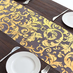 Sheer Organza 12"x108" Table Runner Roll Metallic Gold Foil Floral Swirl Design - Disposable Stylish Event Decoration