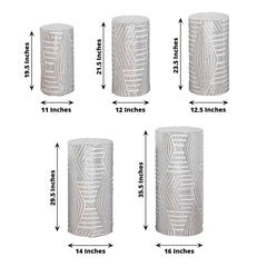 Set of 5 Silver Sequin Mesh Cylinder Pedestal Stand Covers with Geometric Pattern Embroidery, Sparkly Sheer Tulle Pillar Prop Covers