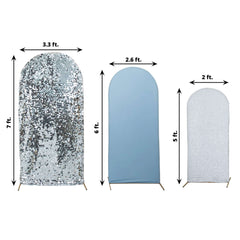 Set of 3 Dusty Blue Silver Round Top Fit Wedding Arch Frame Covers, Big Payette Sequin, Shimmer Tinsel and Matte Spandex Backdrop Stand Covers