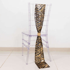 5 Pack Chair Sashes with Wave Embroidered Sequins Black/Gold 6"x88" - Stylish Glittering Decor for Weddings
