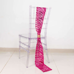 5 Pack Chair Sashes with Wave Embroidered Sequins Fuchsia/Silver 6"x88"