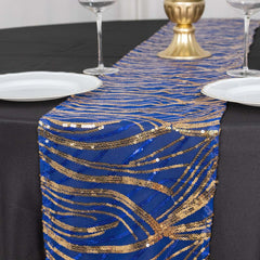 Sequin Mesh 12"x108" Table Runner Royal Blue Stylish Wave Embroidery