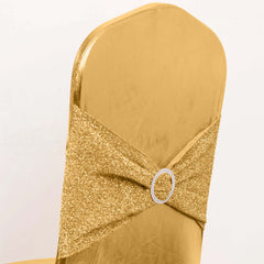 Spandex Banquet Chair Cover Metallic Gold Tinsel with Sash and Rhinestone Buckle - Luxe Shimmering Fitted Slipcover for Events