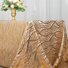 Mesh 90"x156" Rectangle Tablecloth Gold - Wave Sequin Embroidered Design for Refined Occasions