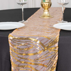 Sequin Mesh 12"x108" Table Runner Rose Gold Stylish Wave Embroidery