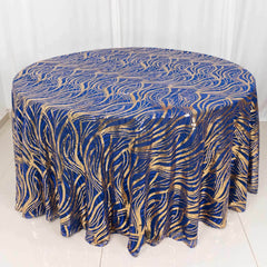 Sequin Mesh 120" Round Tablecloth Royal Blue/Gold - Seamless Wave Embroidered Table Cover
