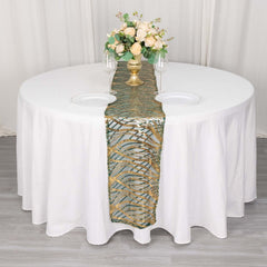 Sequin Mesh 12"x108" Table Runner Hunter Emerald Green Stylish Wave Embroidery