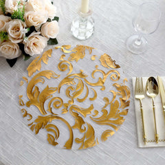 10-Pack Table Placemats Swirl Foil Floral Design Metallic Gold Round - Sheer Organza Disposable Mats 13"
