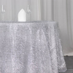 Polyester 120" Round Silver Tablecloth Metallic Fringe Shag Tinsel Table Cover