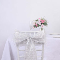 5 Pack Polyester Chair Sashes Silver Metallic Tinsel Fringe - Easy to Use Chair Bows 6"x108"