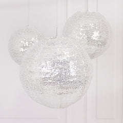 Set of 3 Glitter Silver Sequin Fabric Hanging Lanterns, Decorative Round Foldable Chinese Lantern Lampshades - 8",10",12"