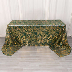 Mesh 90"x156" Rectangle Tablecloth Hunter Emerald Green/Gold - Wave Sequin Embroidered Table Cover