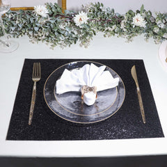 6-Pack Placemats Glitter Design Black Sparkle Rectangle - Non-Slip Decorative Dining Table Mats 12"x18"