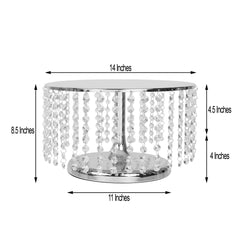 Metal Cake Stand Round Design Metallic Silver with Crystal Chains 14" Dia - Cupcake Dessert Pedestal 8" Tall