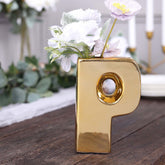 Shiny Ceramic Vase Letter "P" Gold Plated - Chic Bud Planter Pot for Events & Decor 6"