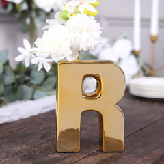 Shiny Ceramic Vase Letter "R" Gold Plated - Chic Bud Planter Pot for Events & Decor 6"