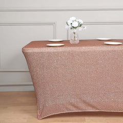 Shimmer Tinsel Spandex 72"x30" Rectangle Tablecloth Metallic Rose Gold Glittered Shiny Stretch Table Cover for Gleaming Event Decor