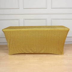 Shimmer Tinsel Spandex 72"x30" Rectangle Tablecloth Metallic Gold Glittered Shiny Stretch Table Cover for Gleaming Event Decor