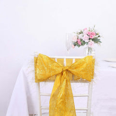 5 Pack Polyester Chair Sashes Gold Metallic Tinsel Fringe - Easy to Use Sparkly Chair Bows 6"x108"