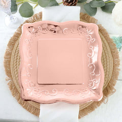 25-Pack Paper 11" Square Dinner Plates in Blush Rose Gold with Vintage Pottery Embossed Design - Shiny Metallic Disposable Serving Plates