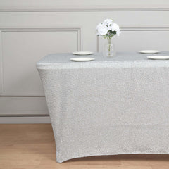 Shimmer Tinsel Spandex 72"x30" Rectangle Tablecloth Metallic Silver Glittered Shiny Stretch Table Cover