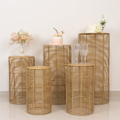 Set of 5 Natural Woven Rattan Wicker Pedestal Stands, Boho Chic Side Table Cylinder Cake Dessert Plant Display Stands - 20",21",24",29",36"