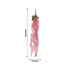 42" Silk Hanging Wisteria Flower Garland Vines in Pink, Elaborated 5 Full Strands in 1 Bush