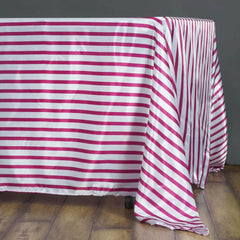 Satin 60"x102" Rectangle Tablecloth White/Fuchsia - Stripe Design with Silky Smooth Finish Table Cover