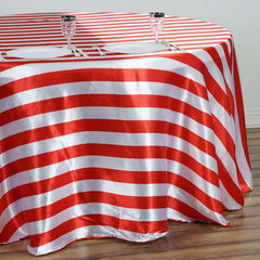 Satin 120" Round Tablecloth Red/White - Stripe Design with Seamless Silky Smooth Finish Table Cover