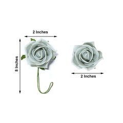 24 Roses 2" Silver Artificial Foam Flowers With Stem Wire and Leaves