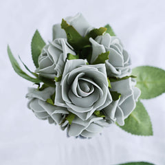 24 Roses 2" Silver Artificial Foam Flowers With Stem Wire and Leaves