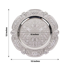 6-Pack Acrylic Round Charger Plates 13" in Silver Floral Embossed with Scalloped Rim, Plastic Decorative Charger Tableware